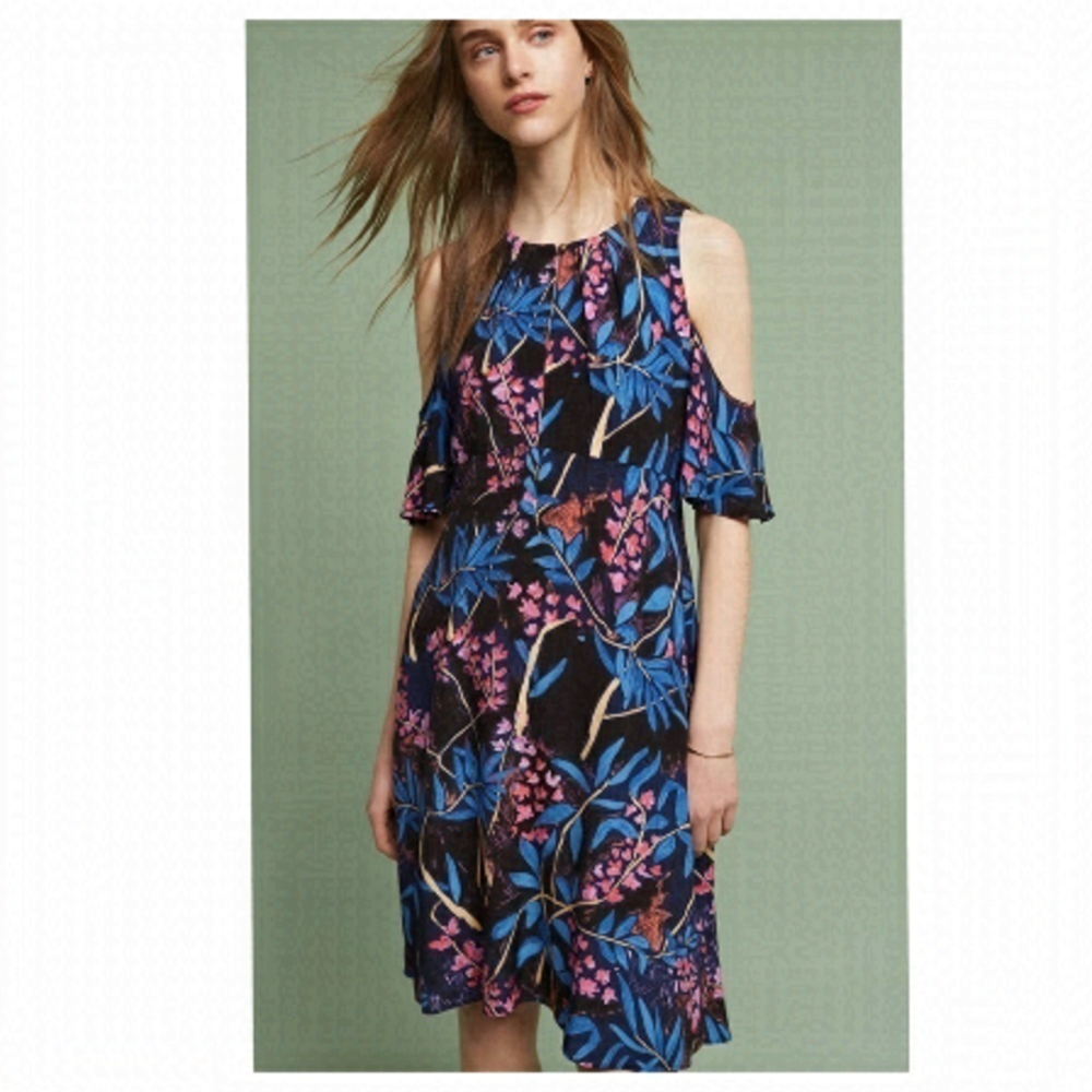 New Anthropologie Maeve Black Multicolour Floral Cold Shoulder Flare Dress US XS